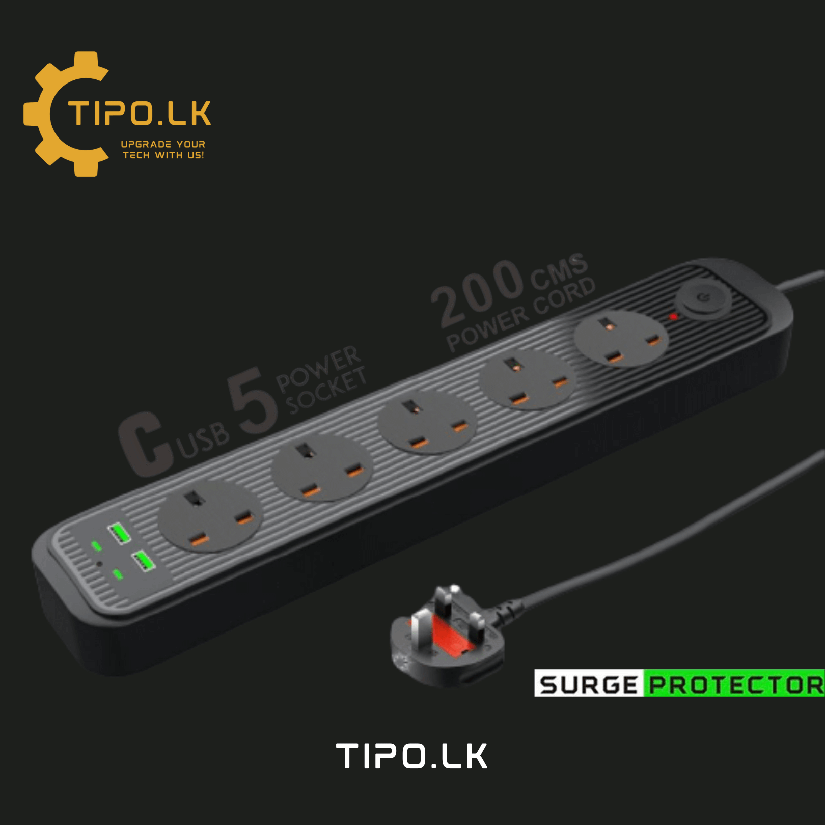 Premium 5 Way Extension Cord with 2 Ctype and 2 USB ports TIPO.LK